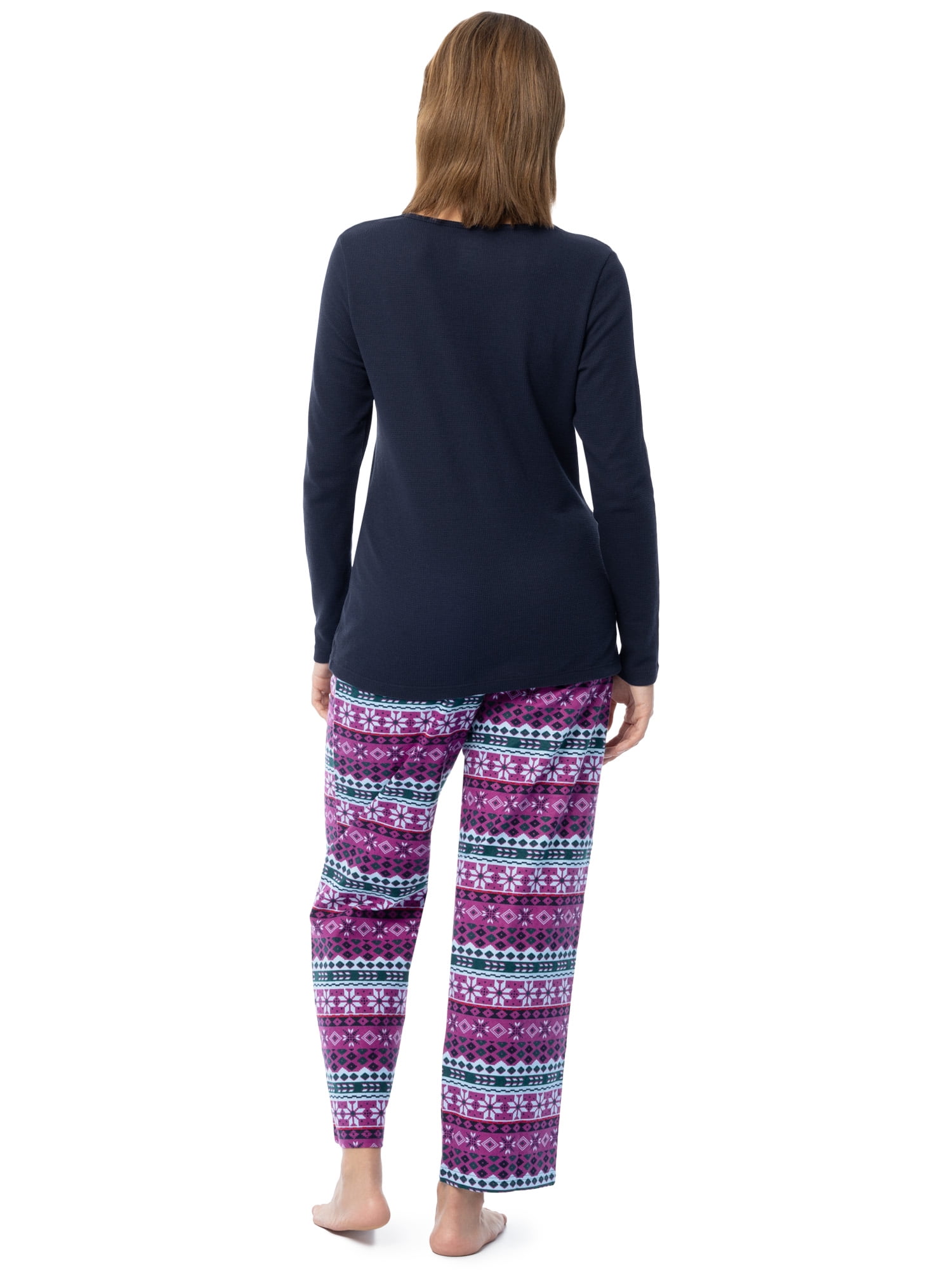 Fruit of the Loom Women's Beyond Soft Long Sleeve Waffle Top and Flannel Bottom Pajama Set, Sizes S-4X