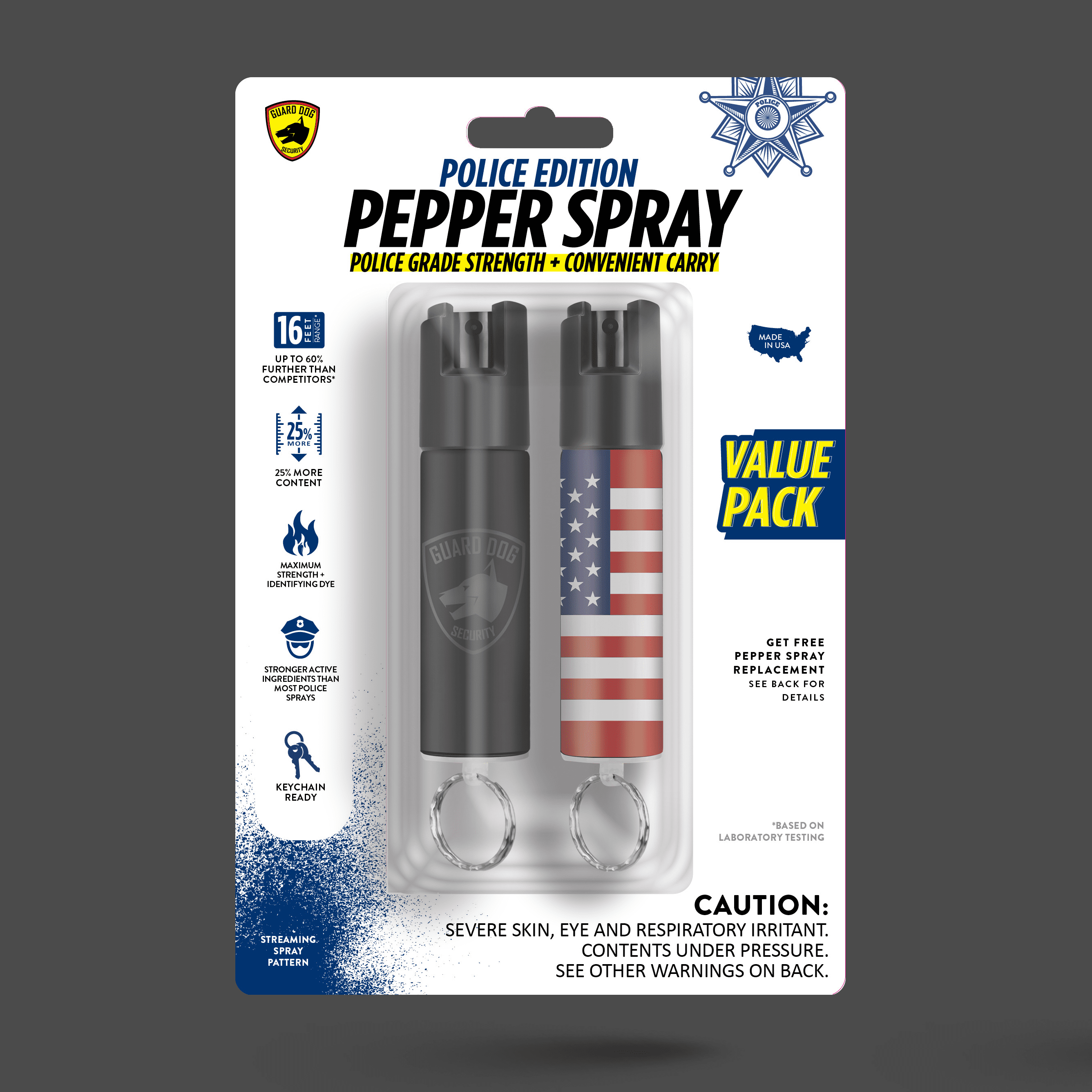 Guard Dog Quick Action 2-Pack Pepper Spray Keychain, Black & US Flag, Portable Defense Solution