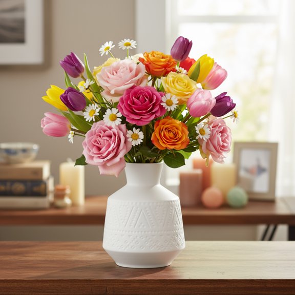 Urban Trends Collection 15264 Ceramic Round Vase with Trumpet Mouth, Banded Tribal Pattern Design & Tapered Bottom, Matte White - Small