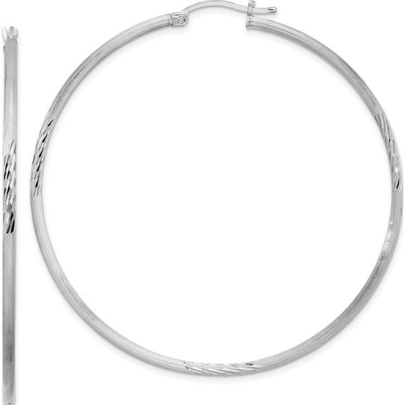 Sterling Silver Rhodium-Plated 2mm Polished/Satin Diamond-Cut Hoop Earrings (63 X 61) Made In Mexico qe4425