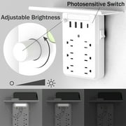 Multi Plug Outlet with Shelf, Smasener 6-Outlet Extender Socket with 4 USB Charging Ports (3.4A Total) and Night Light, Wall Outlet Expander Power Strip - White