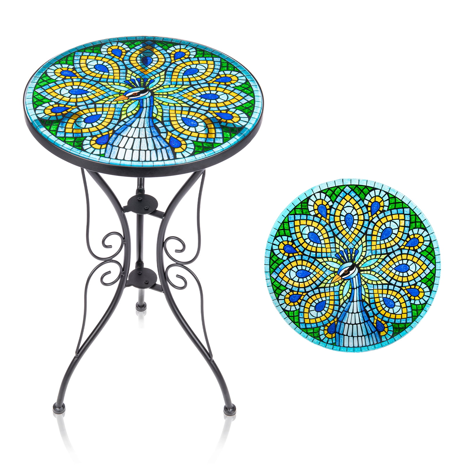 Peacock Glass Side Table for Garden, Outdoor Plant Stand Mosaic Accent Table Round Small End Table for Living Room Porch Balcony Garden