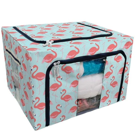 EREHome flamingo bird pattern Storage Bag Clear Window Storage Bins Boxes Large Capacity Foldable Stackable Organizer With Steel Metal Frame For Bedding,Clothes,Closets, Bedrooms