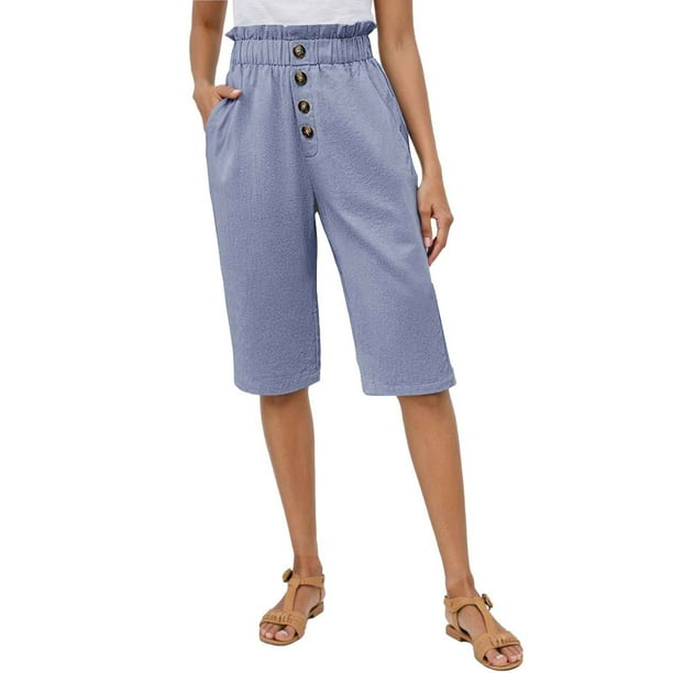 Pantalones de mujer con cintura elástica de mezcla de lino liso - Pantalones informales holgados con bolsillos, S-XXL