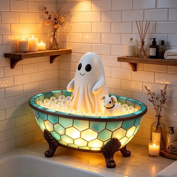 Ghost Bubble Bath LampHalloween Bathroom Decor Gifts Under 20 Bathtub Ghost & Dog Resin Figurine, Warm LED Halloween Tabletop Decor for Bathroom, Bedroom, Kids Room & Fall Home Accent