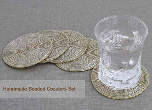 4 inch Round Champagne COTTON CRAFT Glitz Set of 8 Handmade Beaded Coasters