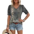 thumbnail image 5 of NMMUED Blouses for Women Dressy Casual Summer Floral Print Tops V Neck Short Puff Sleeve Shirts with Button Cuffs Loose Fit Boho Vacation Trendy Office Outfits Dark Green L, 5 of 8