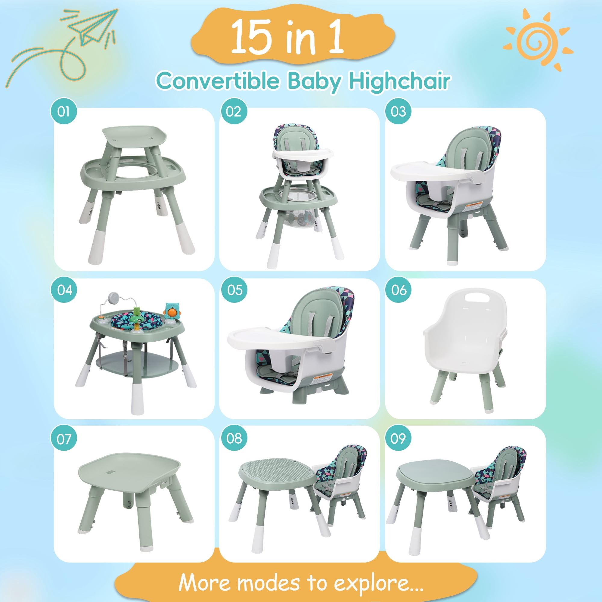Reasea 15-in-1 Portable Baby High Chair, Convertible High Chair for Babies and Toddlers, Light Green