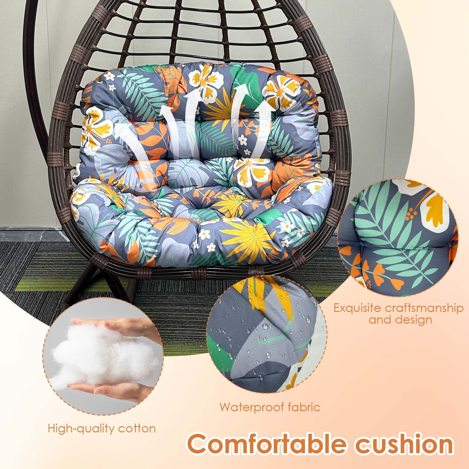 Eurhowing 4" Thick Egg Chair Cushion Replacement, Waterproof & Non-Slip Outdoor Patio Swing Chair Cushions, High-Density Soft Hanging Basket Seat Cushion, Floral