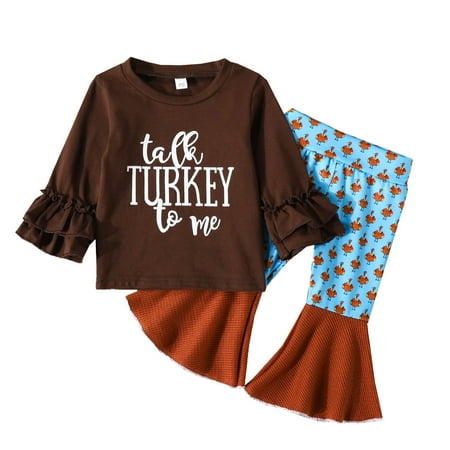 

Toddler Kids Girls Outfit Thanksgiving Turkeys Prints Long Sleeves Tops Pants 2pcs Set Outfits