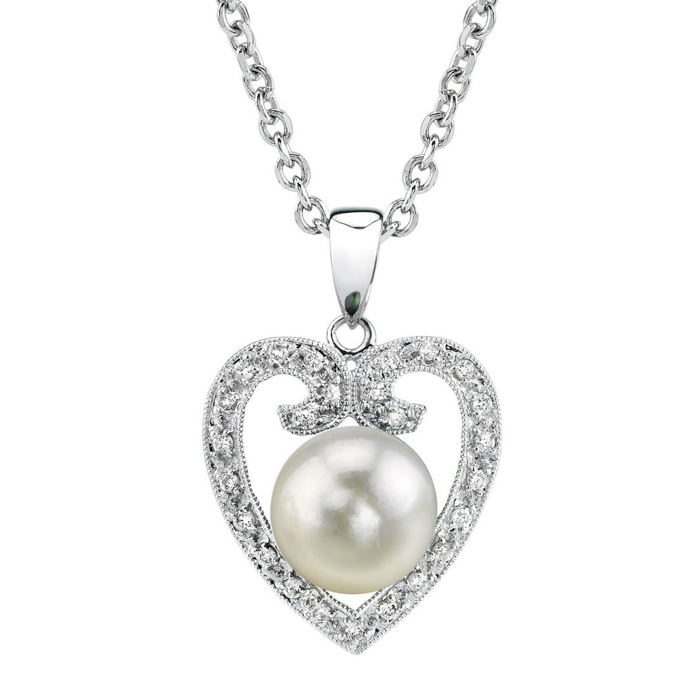 The Pearl Source - 18K Gold Akoya Cultured Pearl Heart-Shaped Diamond ...
