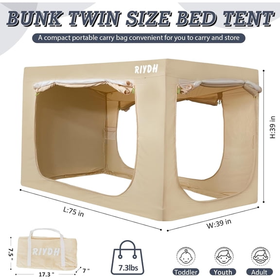 Twin Over Twin Bed Tent with 3  and Mesh Windows - Portable Canopy for Kids and Adults, 70% Blackout Fabric, Khaki