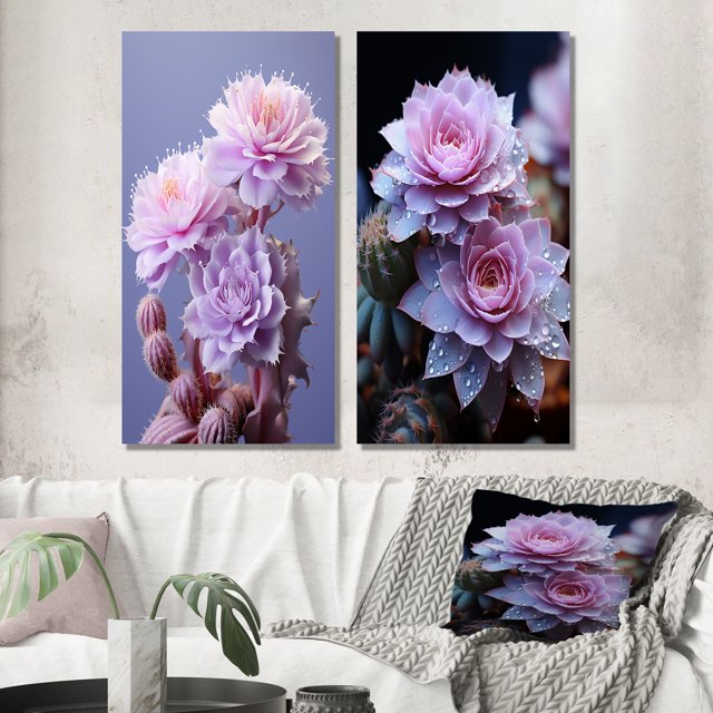 Designart "Delicate Intricacies Pink Cactus Charm II" Cactus Wall Art Set Of 2 - Pink Floral Wall Decor Set Of 2