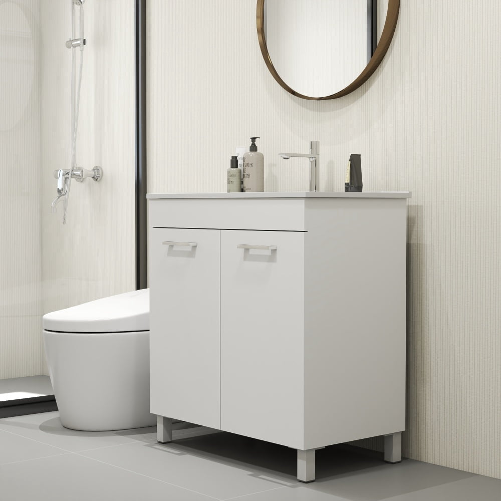 32-Inch Floor-Mounted Bathroom Vanity with Sink Combo,Double Doors With Soft Close Hinges,Bathroom Cabinet With Adjust Shelf,Metal Handle ,Ceramic Basin,Adjustable Silver Feet,Glossy White