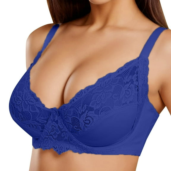 PEASKJP Women's Plus Size Minimizer Wirefree Full Figure Lace Wire-Free Bra Minimizer Bra, Dark Blue 90E