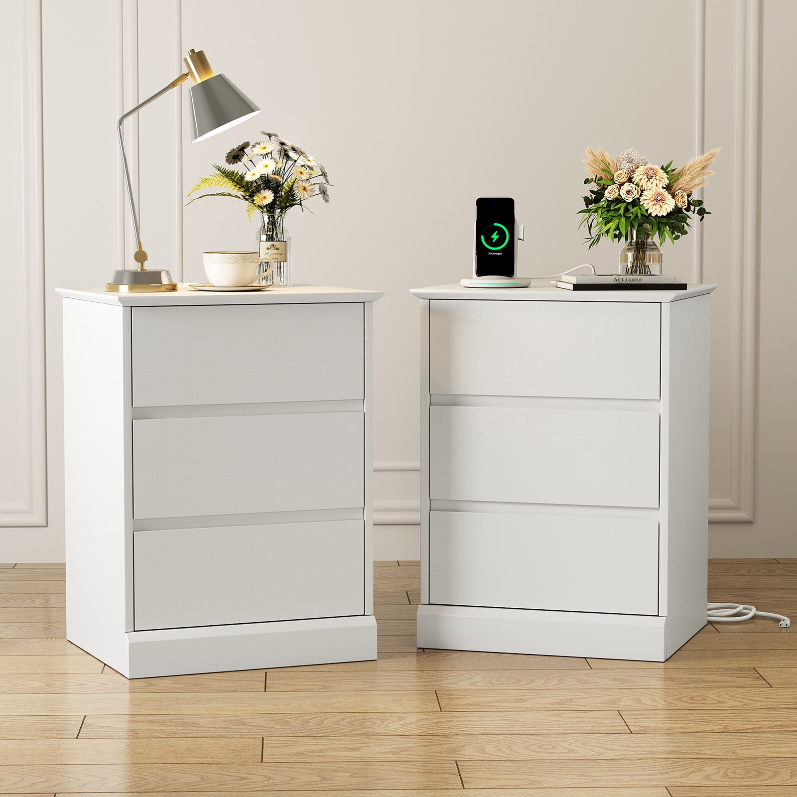 Nightstand Set of 2 with Charging Station, 3 Drawers Nightstand Modern Bedside Table End Table for Bedroom Living Room, White
