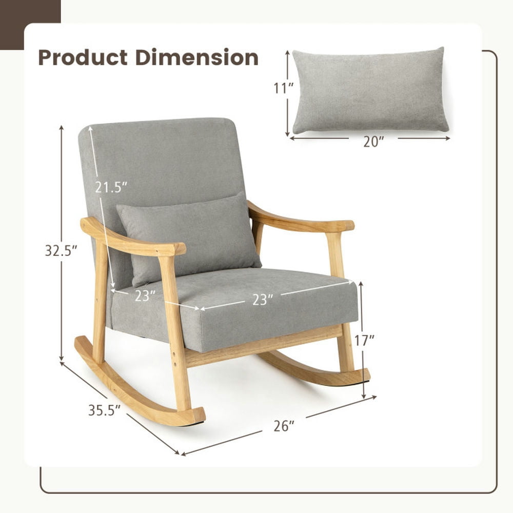 Finihen Rocking Chair, Modern Upholstered Accent Chair, Nursery Rocking Accent Chair with Rubber Wood Armrests, for Living Room, Bedroom, Gray