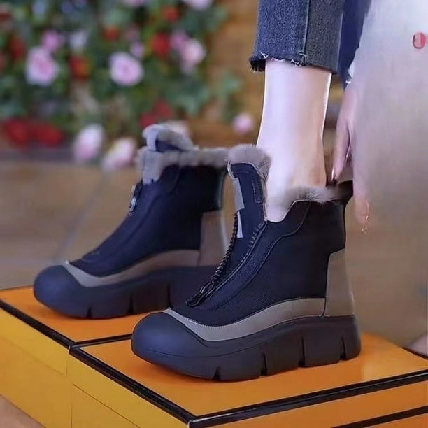 Botas de nieve deshilachadas con cremallera frontal y suela gruesa para mujer, botas de invierno de algodón cálidas, casuales y cómodas a la moda