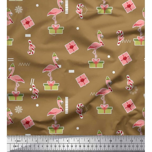 Soimoi Poly Georgette Fabric Gift Box,Candy Stick & Flamingo Bird Print Fabric by Yard 42 Inch Wide
