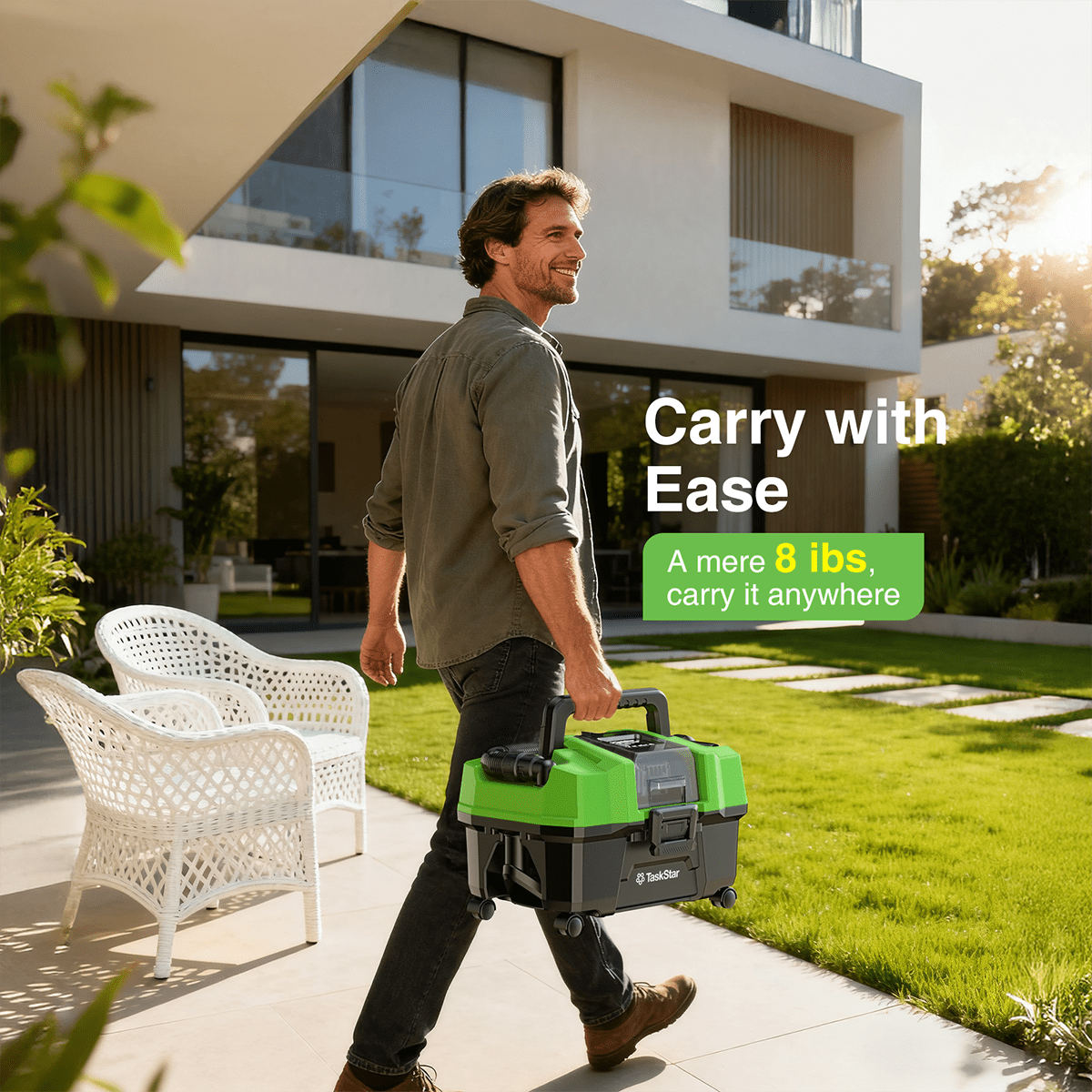 Taskstar 2.6 Gal Brushless Cordless Shop Vacuum Wet Dry with Blower, 2 *4.0Ah Batteries, Strap, 4 Wheels for Garage, Car, Workshop, House