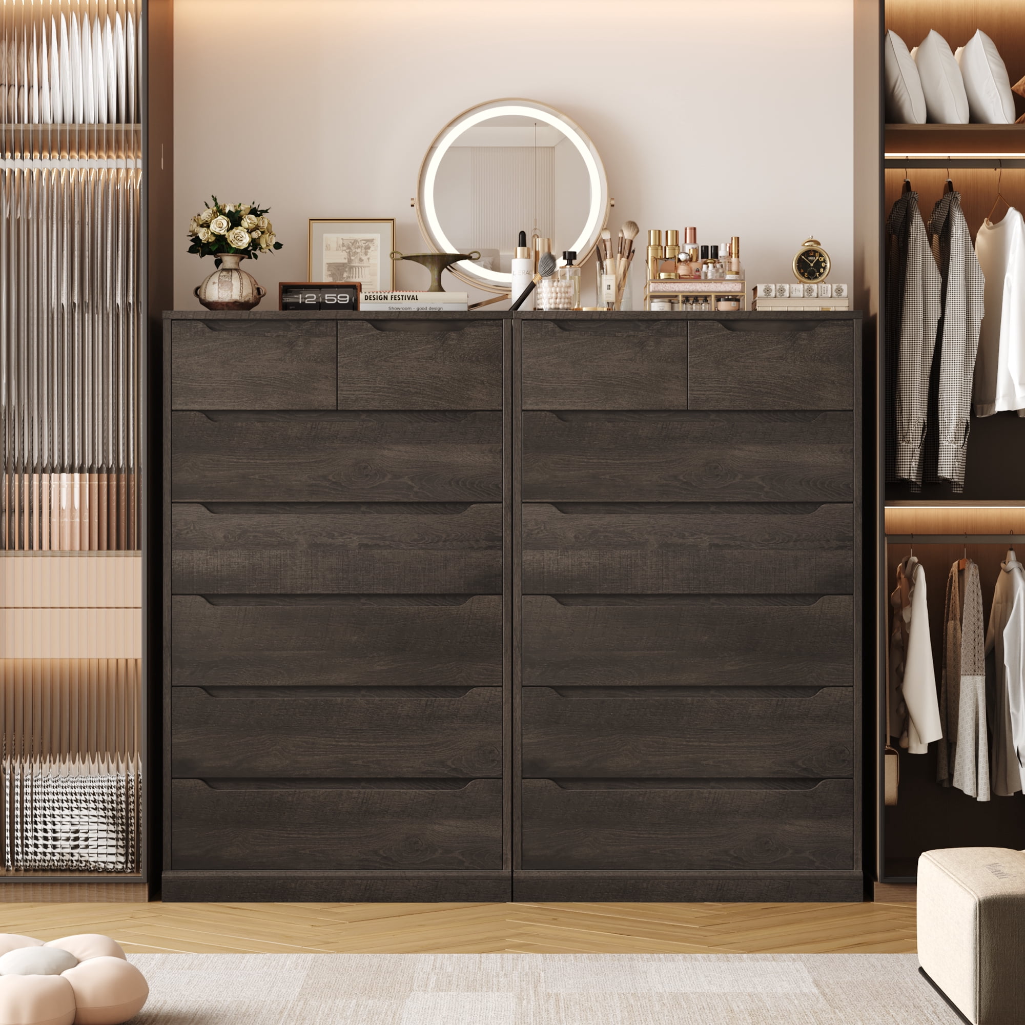 Homfa Vertical 7 Drawer Dresser, 51.3 in Tall Wood Storage Cabinet with Upgraded Stable Base for Bedroom Living Room, Dark Brown