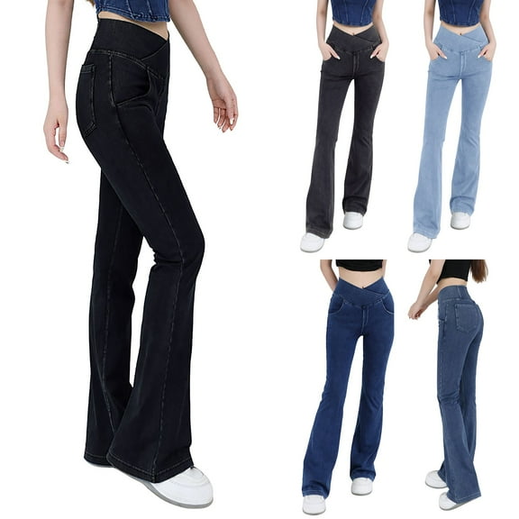 Women's High Waist Flared Leggings with Pockets Stretch Denim Look for Yoga and Casual Athletic Wear