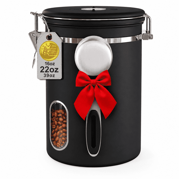 Coffee Canister with Window, 22 oz Airtight Stainless Steel Pantry Container, Black Home Kitchen Food Storage Organizer for Ground Coffee, Coffee Beans, Espresso, Rice, Tea, Sugar, Cereal