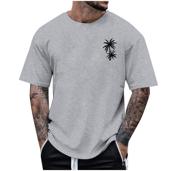 Krdevn Men's Summer Short Sleeve Round Neck T Shirt Coconut Tree Print Trend Down Shirt Top,XL