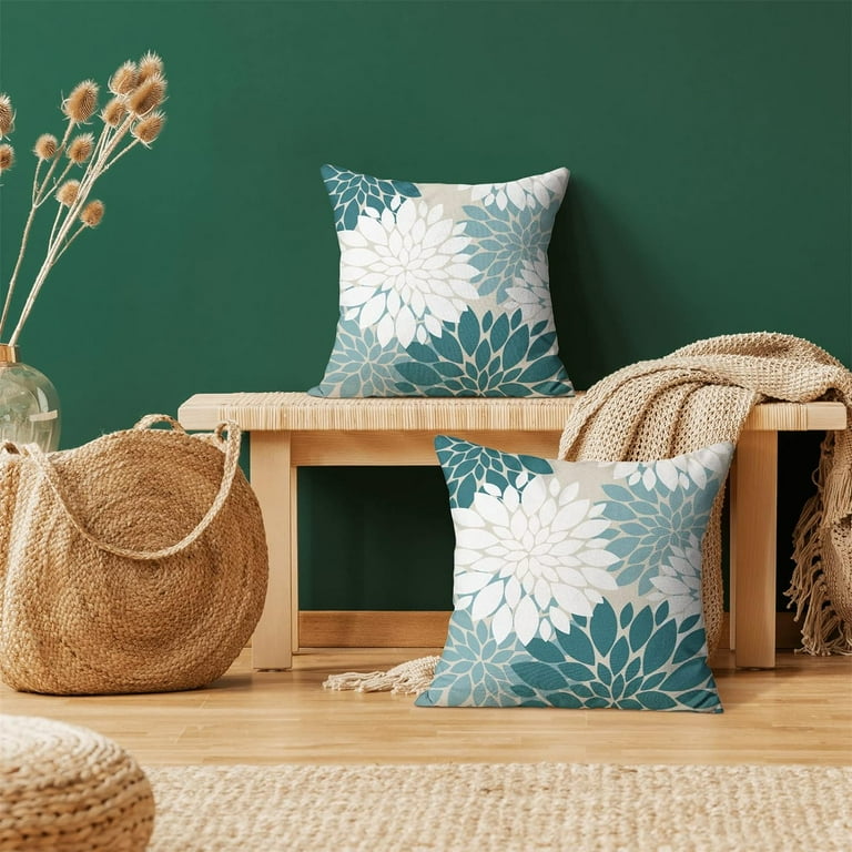 Teal White Pillow Covers 18x18 Inch Set of Turquoise Colored