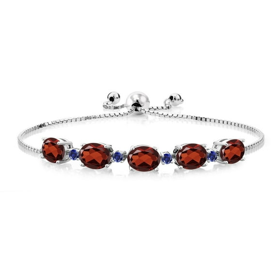 Gem Stone King 7.70 Cttw Oval Red Garnet and Blue Created Sapphire 925 Sterling Silver Bracelet for Women | Oval 8X6MM and Round 2.5MM | Adjustable Bolo Bracelet for Women | Easy-On Easy-Off