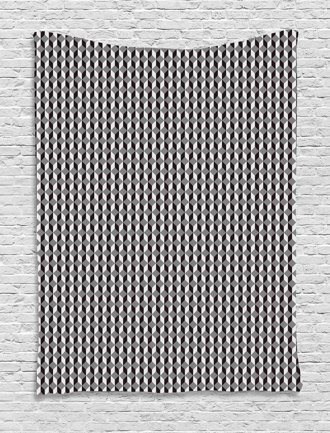 Geometric Tapestry, Herringbone Zigzags Stacked Cubes Pattern Greyscale Illustration, Wall ...