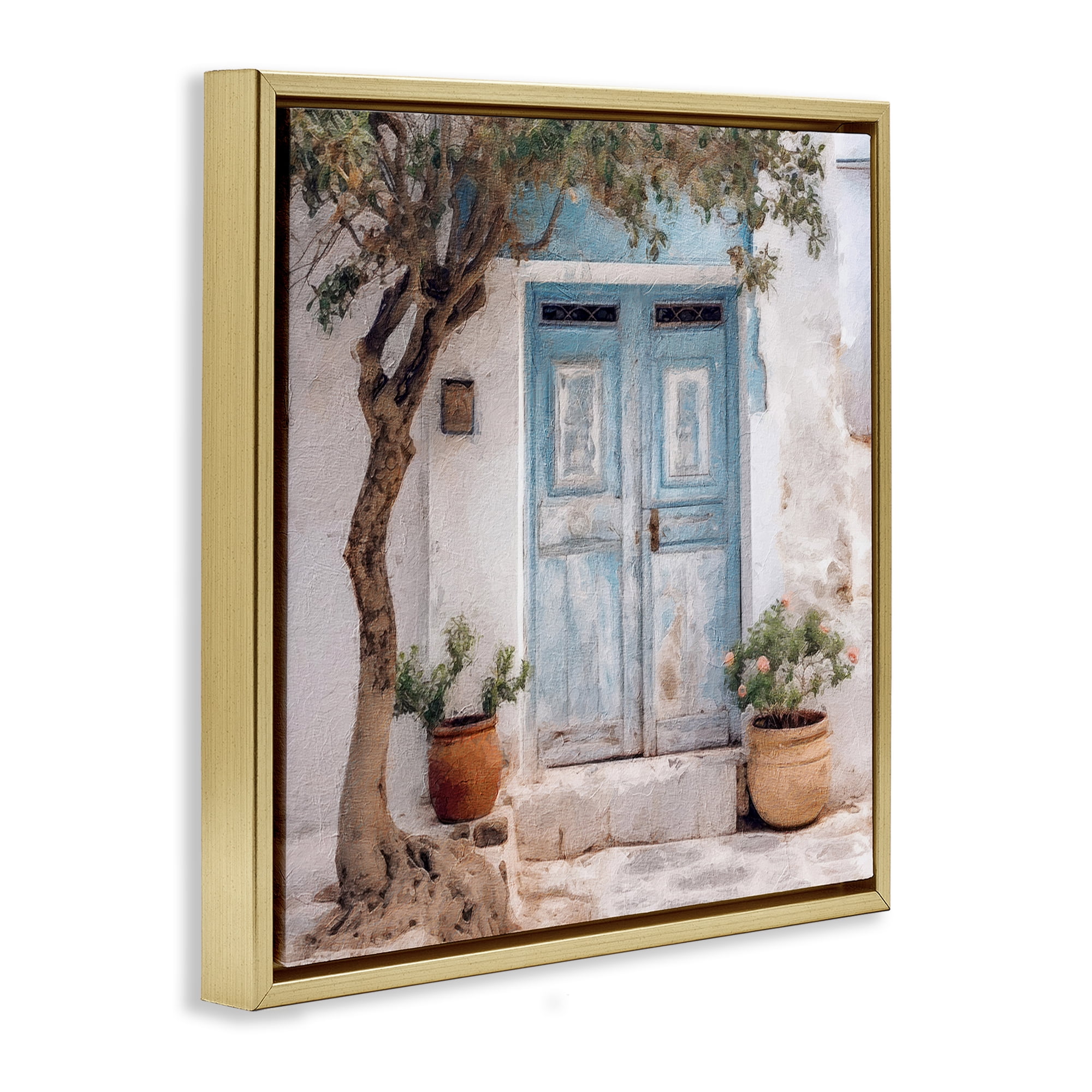 Stupell Industries Tree & Blue Doorway Town & City Painting Gold Floater Framed Canvas Art Print Wall Art, 25 x 25