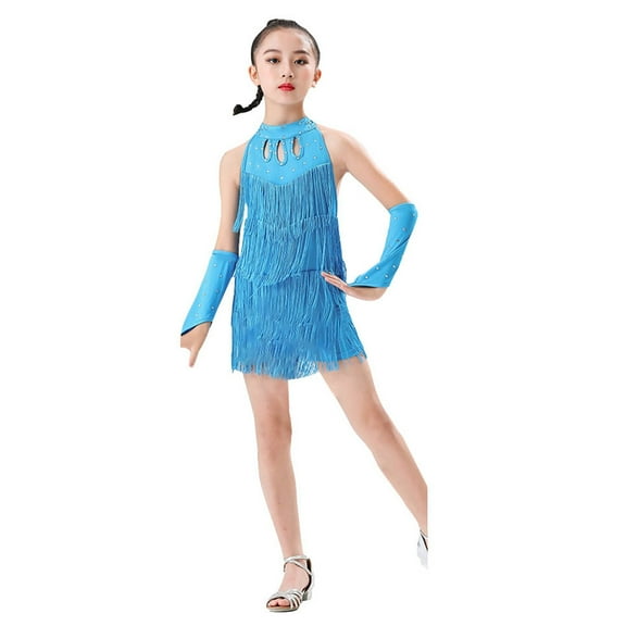 MEZZALL Girls Performance Latin Dance Jumpsuit Training Fringe Skirt Competition Stylish Toddler Dailywear, Sky Blue, 3-4 Years