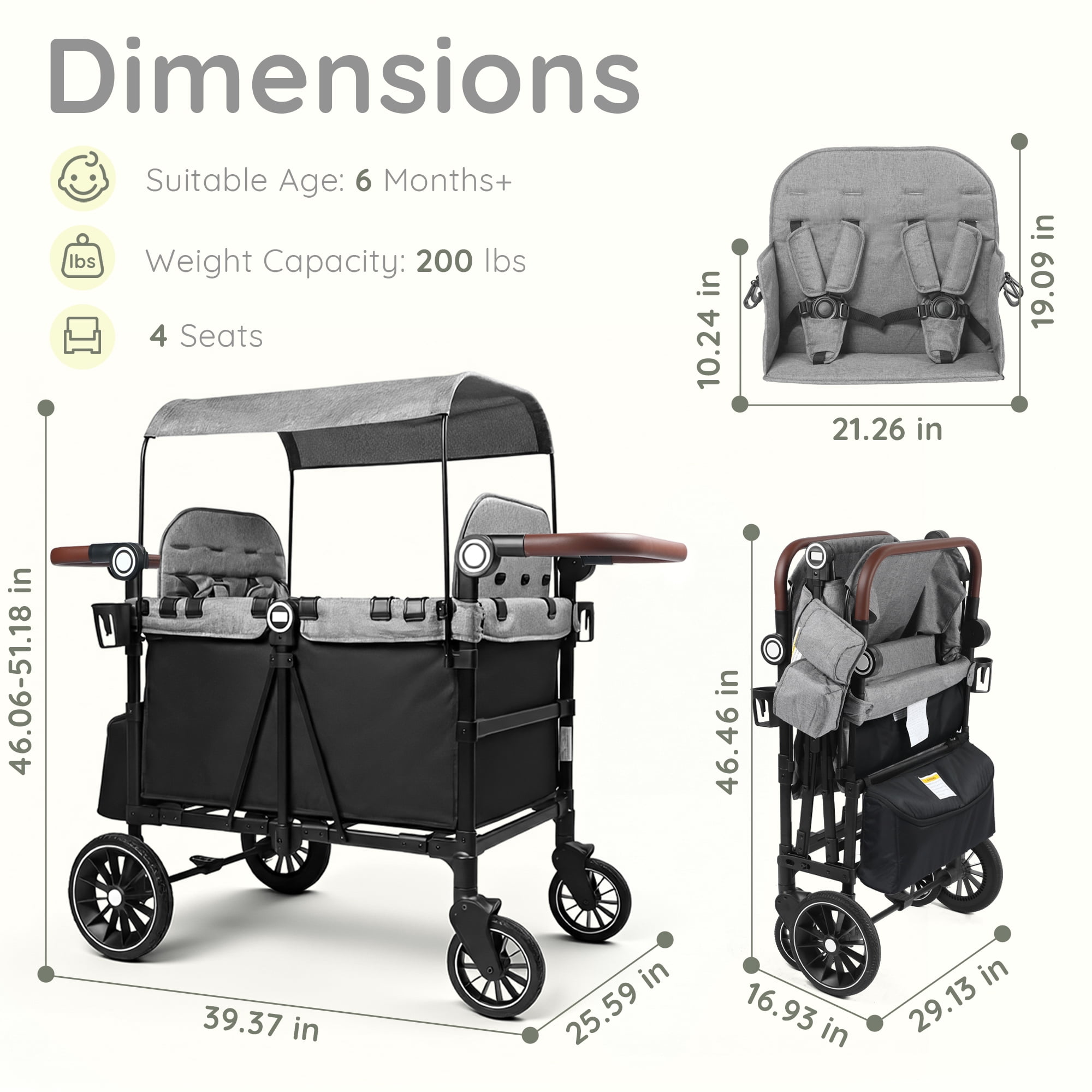 LINLUX Wagon Stroller for 4 Kids, Stroller Wagon 4 Seats w/Adjustable Handle, Detachable Tray, Black & Gray