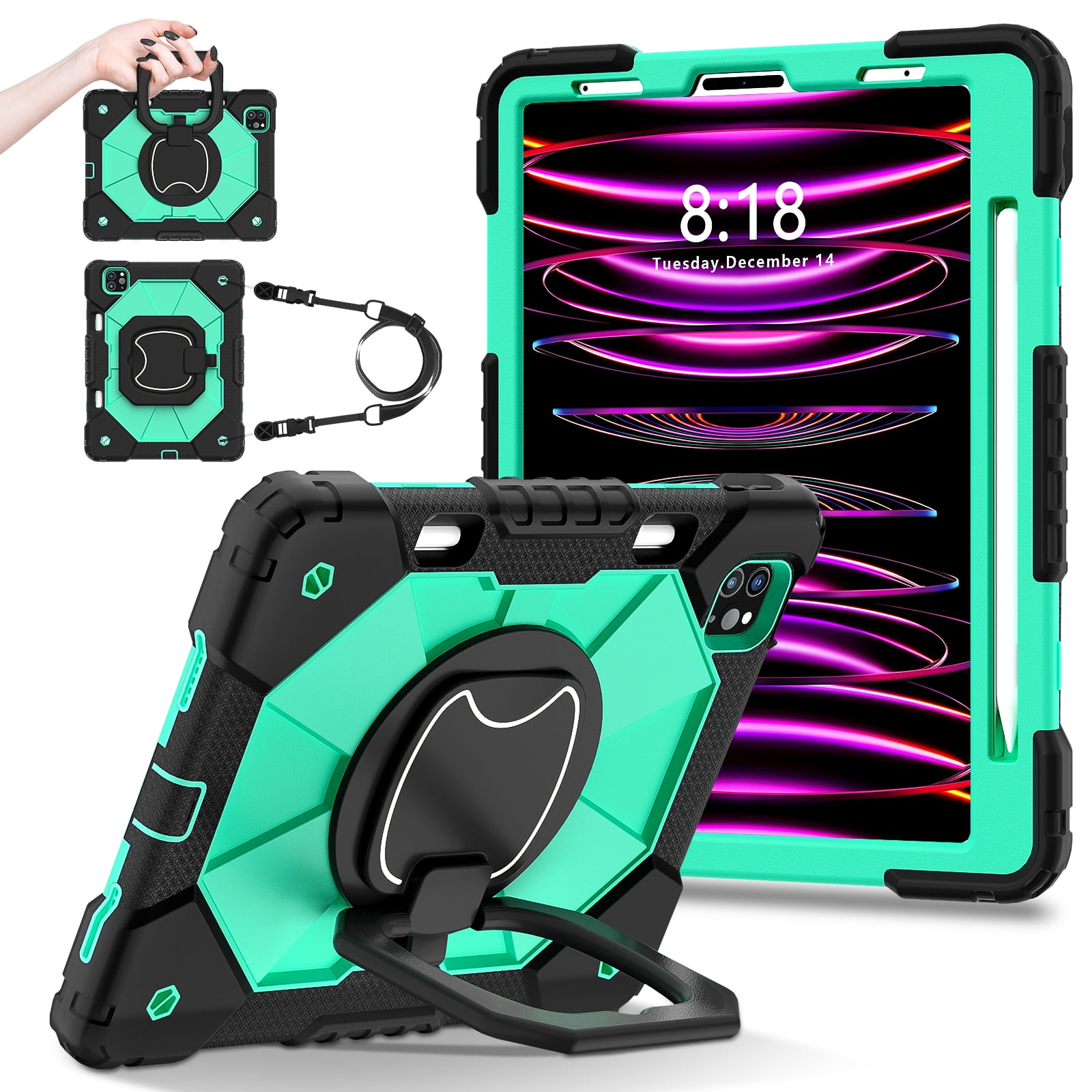Dteck with Pencil Holder Case for iPad Pro 11-inch 4th 3rd 2nd 1st Gen,iPad Air 5th/4th Generation Heavy Duty Silicone Case 360 Degree Rotating Handle Stand Cover with Shoulder Strap,Black+Mint