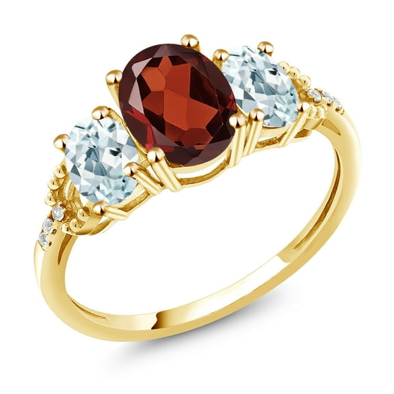Gem Stone King 2.54 Ct Oval Red Garnet Sky Blue Aquamarine 10K Yellow Gold Ring (Size 8)