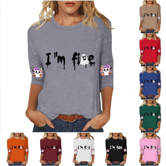 Women's Casual Halloween Print Three Quarter Sleeve Top Cute Short Sleeve Tee for Autumn Daily Wear