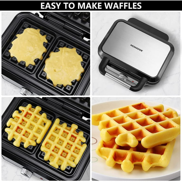 4-Slice Belgian Waffle Maker Square Non-stick Removable Plates Stainless  Steel