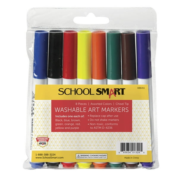 School Smart Washable Marker, Chisel Tip, Assorted Colors, Pack of 8