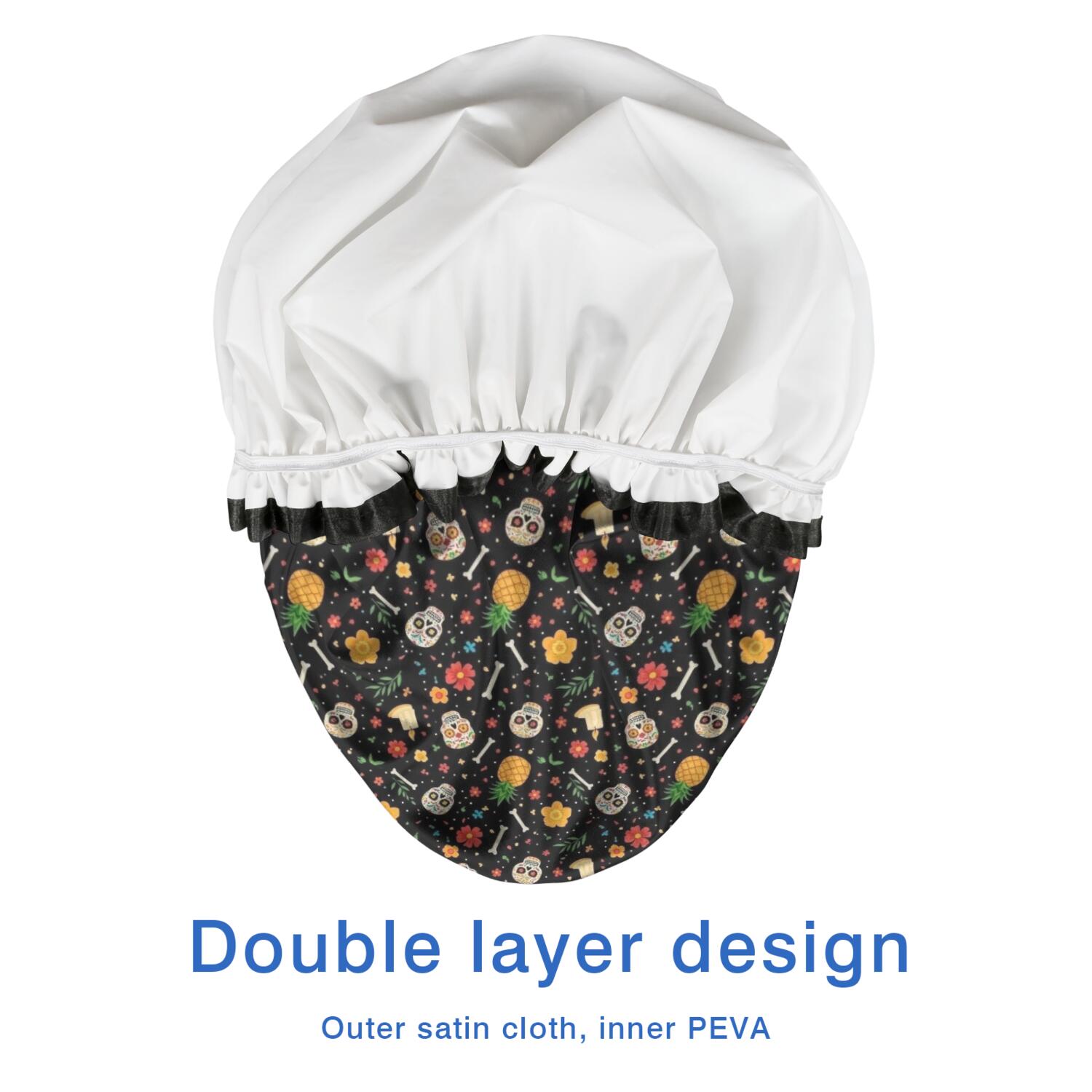 Shower Caps,Black Skull Pineapple Flower Pattern Waterproof Shower Cap for Women 4 Pieces,Double Reusable Hair Cover for Shower PEVA Elastic Stretch Hem