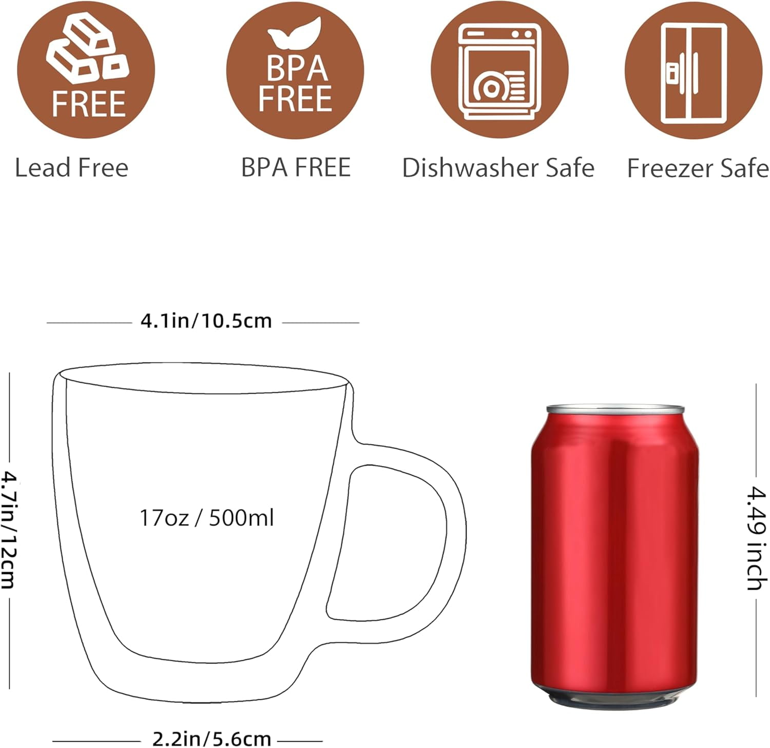 Large Glass Coffee Mugs 17oz,Double Walled Insulated Clear Coffee Cups with Handle,Clear Espresso Mugs for Cappuccino,Latte,Tea Bags,Hot and Cold Beverages