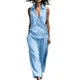 thumbnail image 2 of Cagogo Women's 2 Piece V Neck Sleeveless Shirt Wide Leg Pants Set Casual Solid Boho Vacation Outfits Loose Two Piece Lounge Matching Sets Tracksuits Travel Resort Wear Clothes, Sky Blue 2XL, 2 of 9
