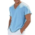 thumbnail image 4 of Men T Shirts Solid Color V Neck Tops with Edge Hem Short Sleeve Loose Breathable Comfy Beach Relaxed Fit Blue Mens Shirts, 4 of 4