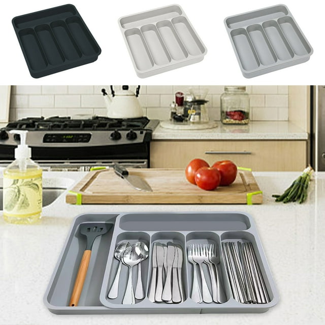 Bowayaoa Expandable Kitchen Drawer Organizer, 5 Compartment Cutlery Storage Box for Knife Fork and Chopstick, Plastic Utensil Tray for Silverware, Adjustable Drawer Divider Organizer
