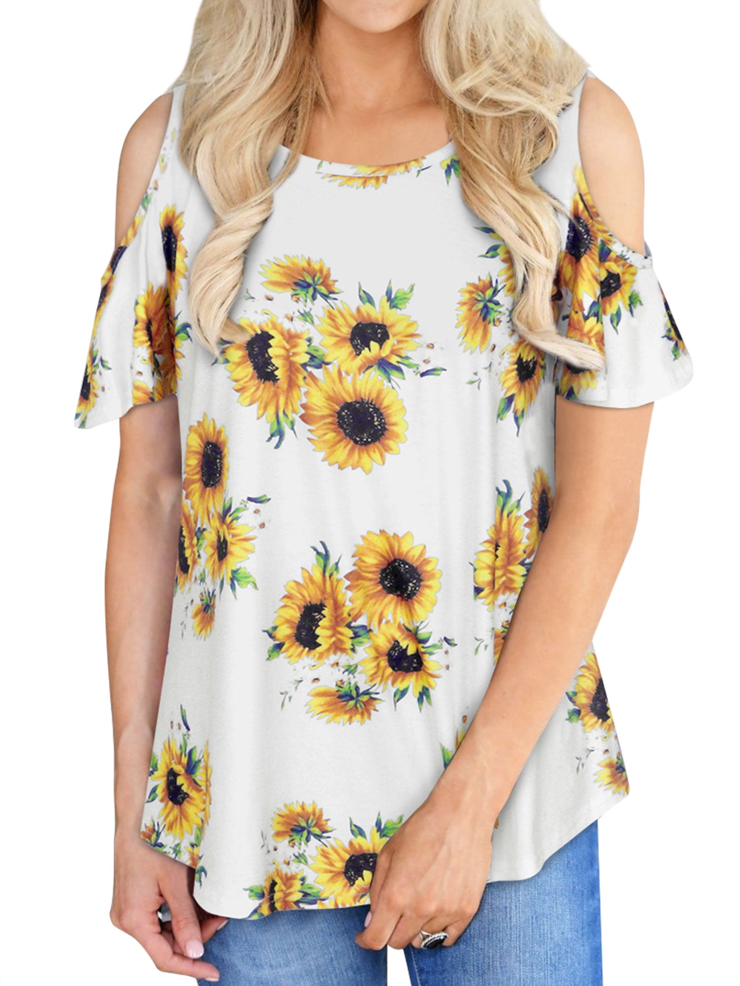 IFOUNDYOU 2020 NewWomen Summer Cat Sunflower Printed Short Sleeve T-Shirt Casual Loose Top Tunics 