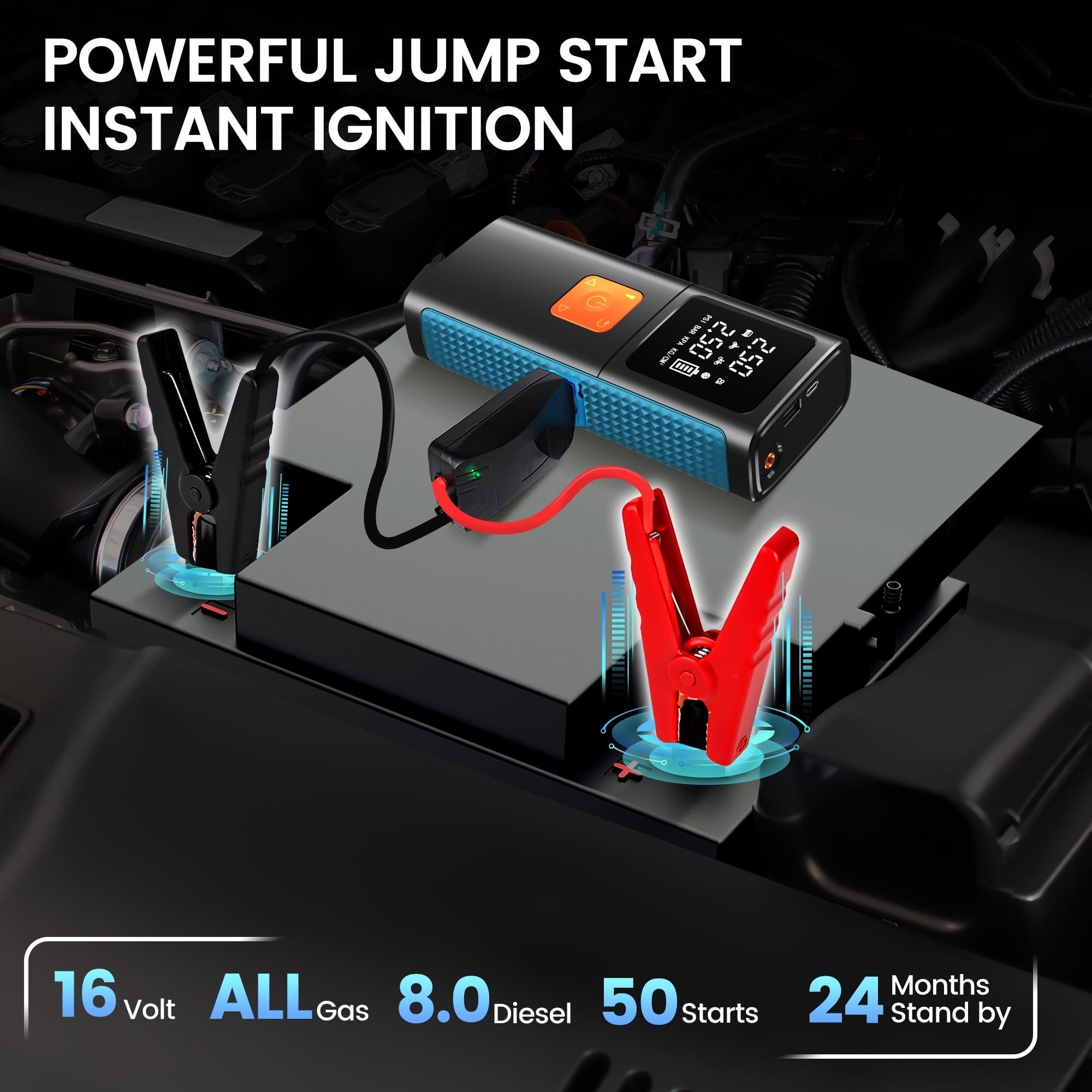 FLORAY 2-in-1 3000A Car Jump Starter with 150 PSI Air Compressor, 12V Jump Box for All Gas/8.0L Diesel Engines, Portable Power Bank, LCD Display and Emergency Light