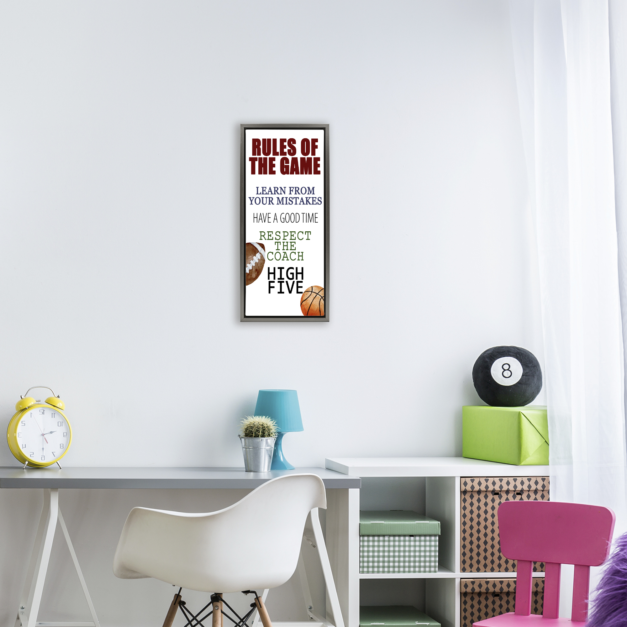 Motivational Rules Of The Game Gray Framed Floater Canvas Wall Art, design by Kim Allen
