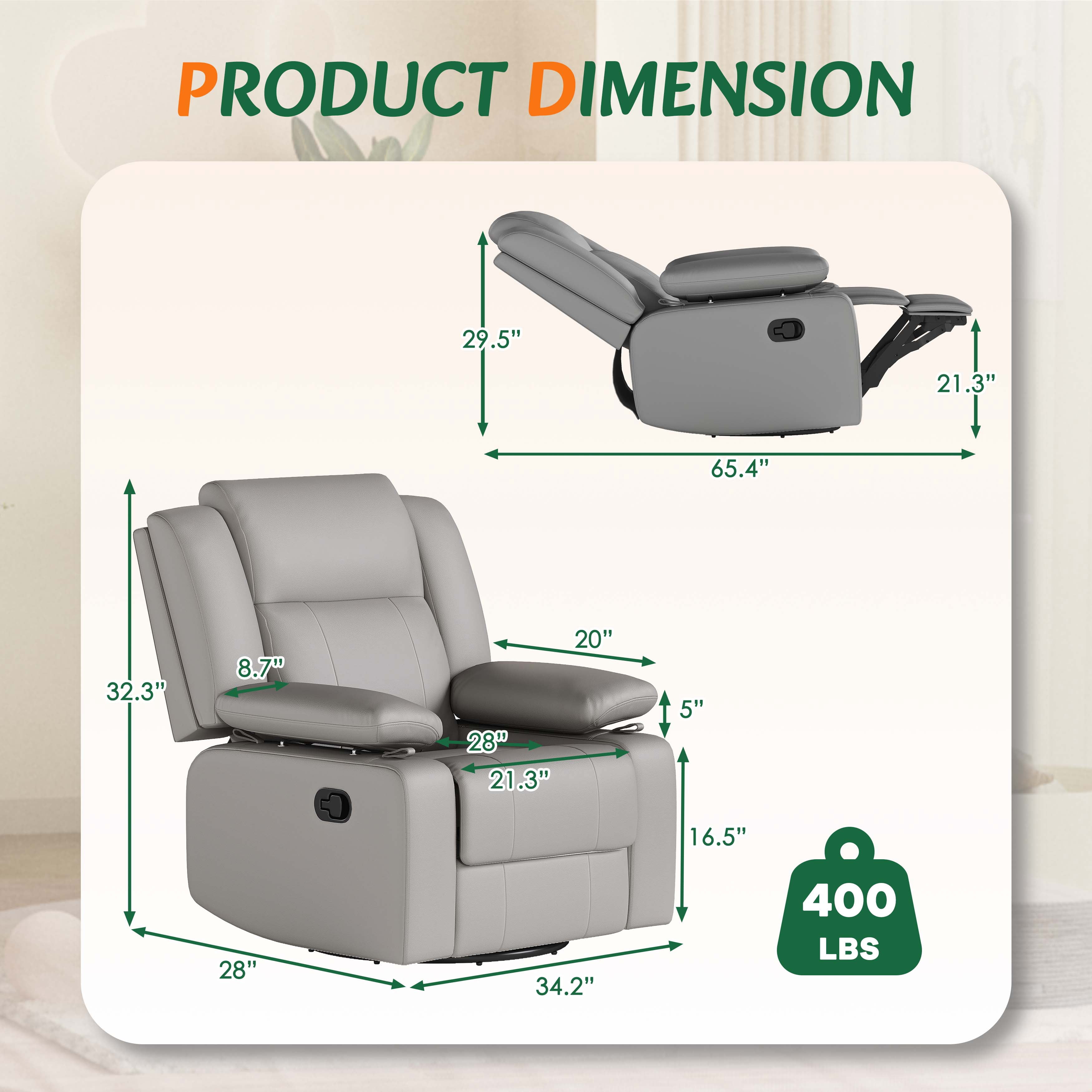 LAZZO Recliner Chair with Adjustable Armrest and Headrest, Upholstered Swivel Rocking Chair for Nursery & Living Room, Gray