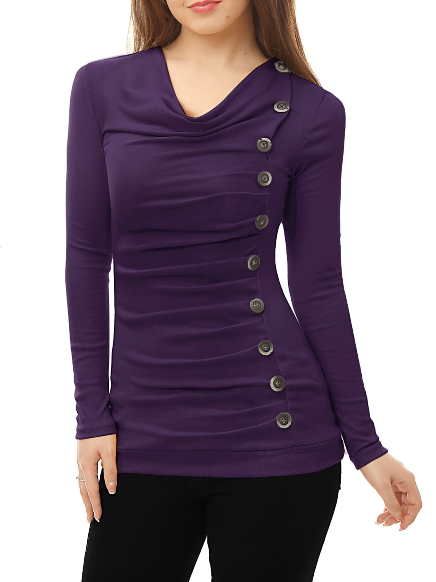 DARING DIVA Women's Cowl Neck Side Ruched Tunic Top XS Purple