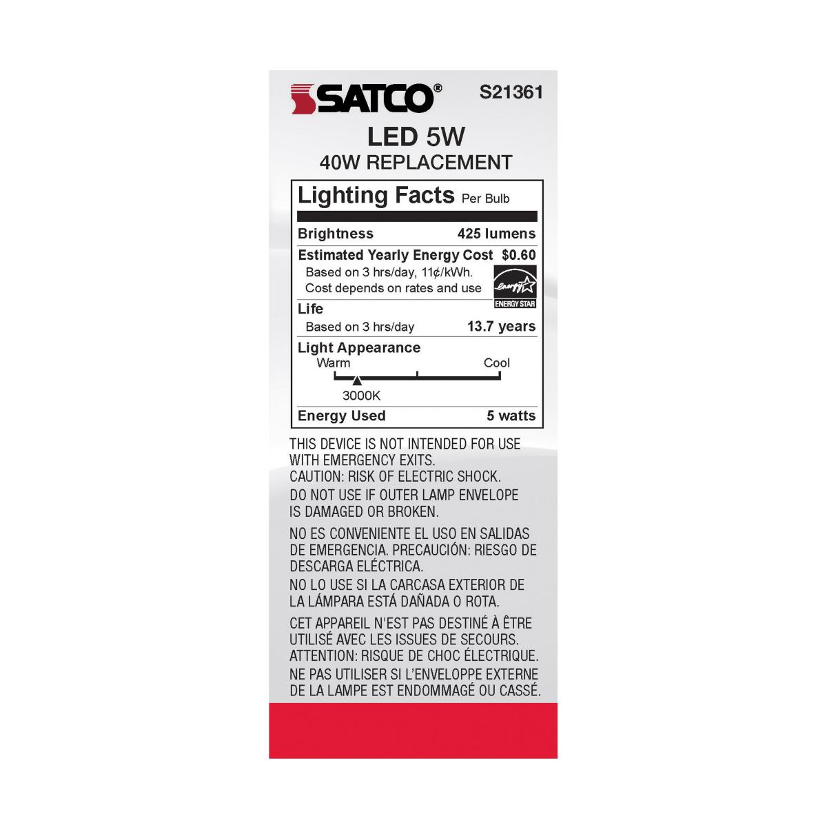 Satco S21361 ST19  LED Light Bulbs 5W 120V 3000K E26 Medium Base Dimmable (6 Pack)